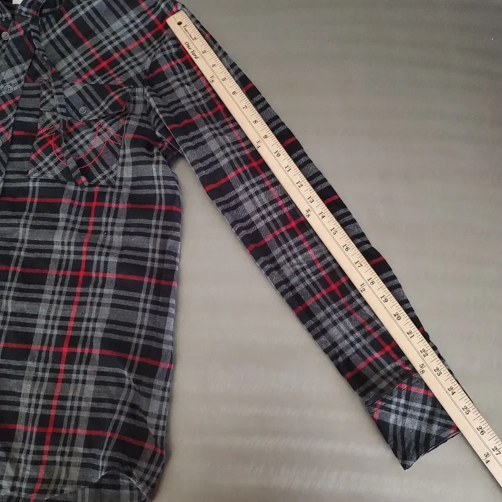 True Religion Mens Plaid Utility Hoodie Black Red Hooded Flannel Shirt Small